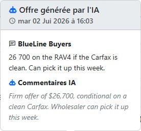 La liste des offres sur une évaluation dans Vehicle Fair Trade avec l'offre extraite par l'IA mise en évidence
