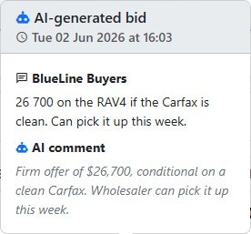 The bid list on an evaluation in Vehicle Fair Trade with the AI-extracted bid highlighted