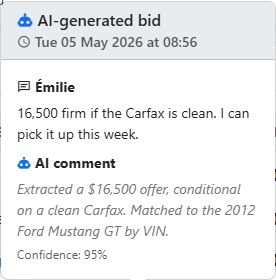 A wholesaler text reply with the offer amount pulled out and added to the evaluation as a bid