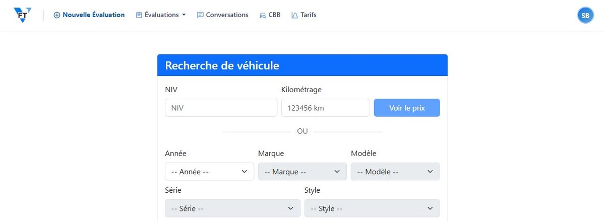 La recherche dans le catalogue Canadian Black Book par année, marque, modèle, série et style dans Vehicle Fair Trade