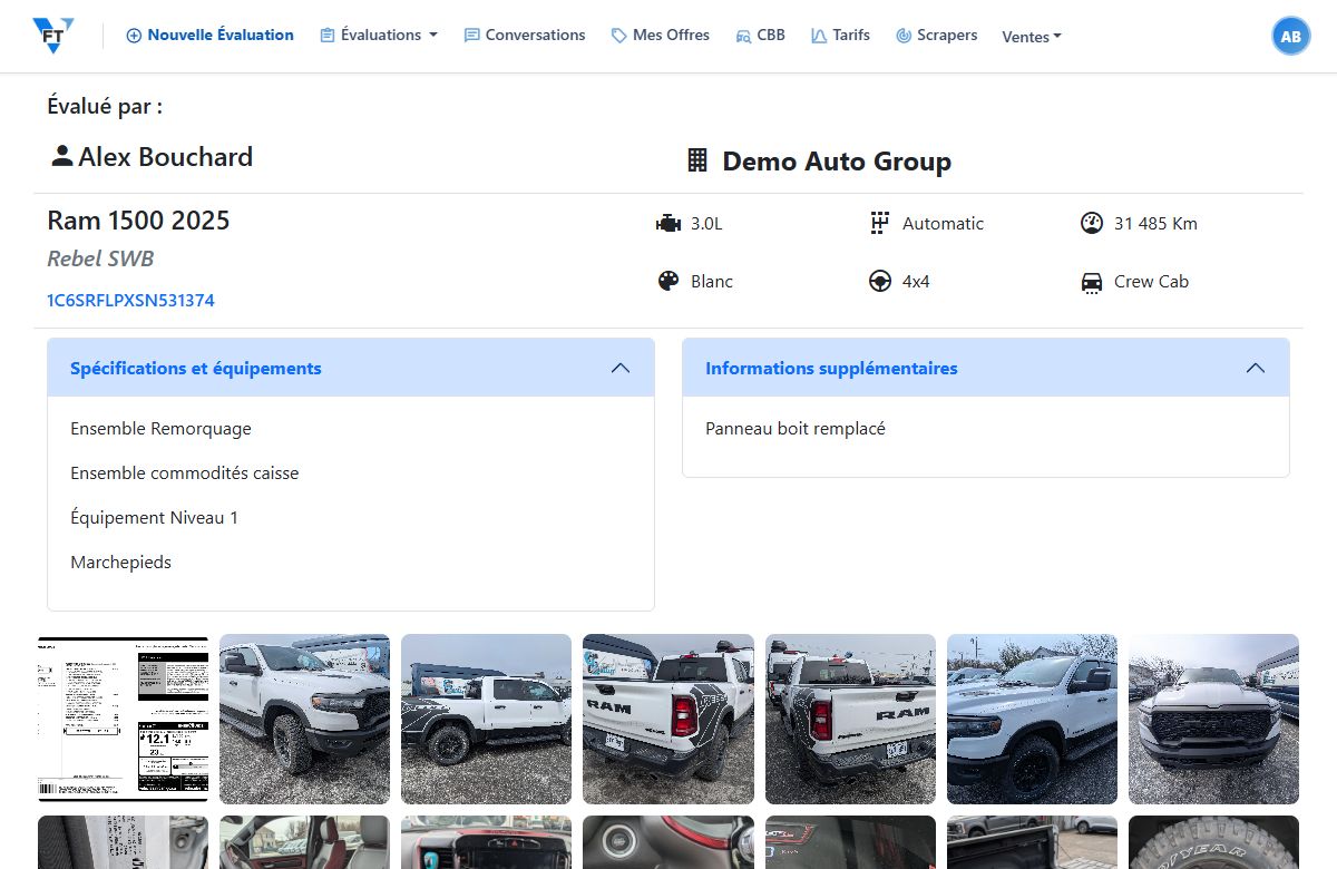 Une évaluation avec un lien cliquable Ouvrir le rapport Carfax pour les Wholesalers