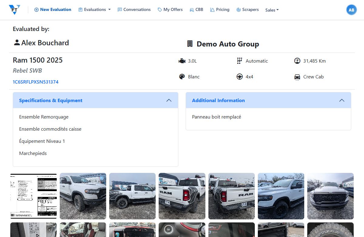 An evaluation with a clickable Open Carfax Report link for wholesalers