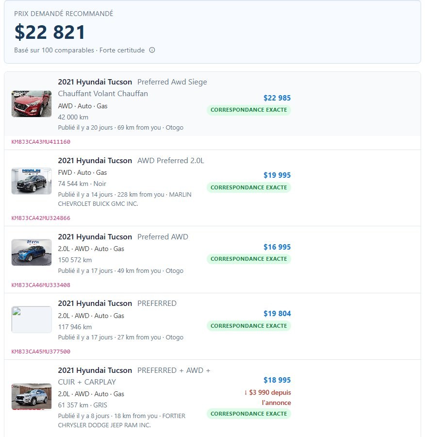 Des annonces comparables en direct, appariées au véhicule, affichées sur une évaluation dans Vehicle Fair Trade