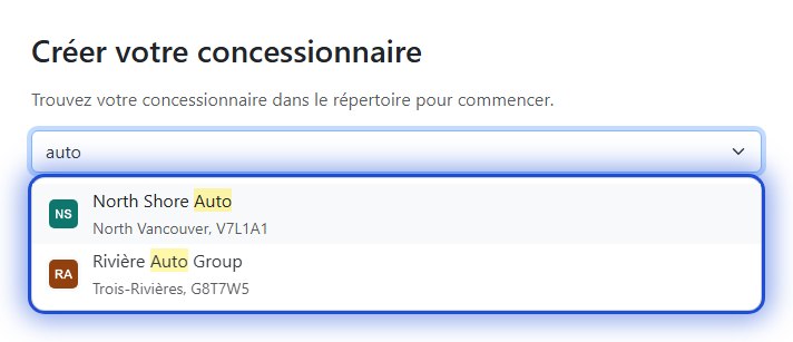 La recherche du répertoire de commerces sur la page Créer votre concessionnaire, avec des résultats montrant les logos