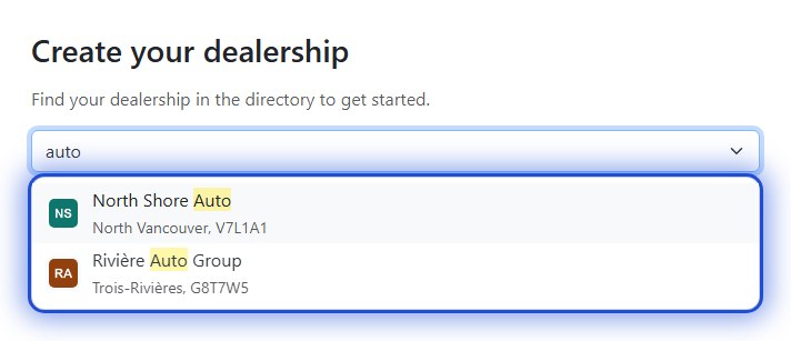 The dealership directory search on the Create your dealership page, with results showing dealer logos