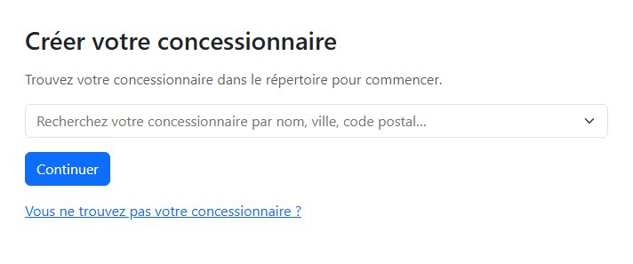 La page Créer votre concessionnaire dans Vehicle Fair Trade, avec la recherche du répertoire prête pour un nom de commerce