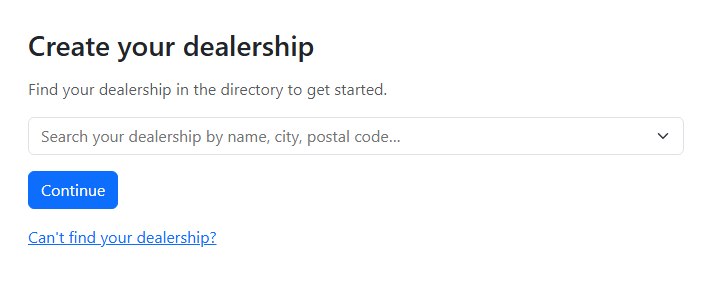 The Create your dealership page in Vehicle Fair Trade, with the directory search ready for a dealership name
