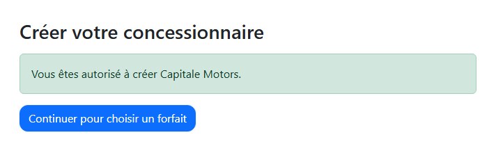 L'état vérifié sur la page Créer votre concessionnaire, avec le bouton Continuer pour choisir un forfait
