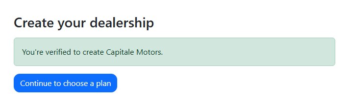 The verified state on the Create your dealership page, with the Continue to choose a plan button