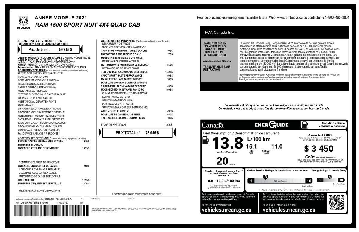 Une étiquette de vitre OEM générée à partir d'un NIV dans Vehicle Fair Trade