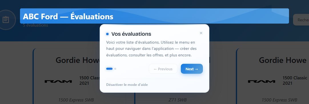 Une infobulle du mode d'aide mettant en évidence un bouton sur la page des évaluations de Vehicle Fair Trade