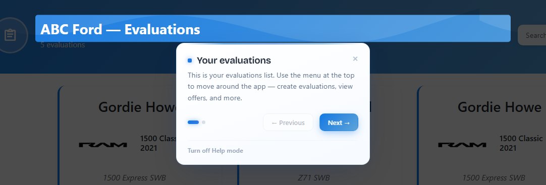 A Help mode tour popover highlighting a button on the Vehicle Fair Trade evaluations page
