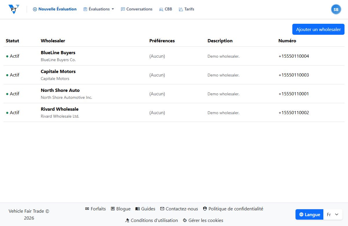 La liste de contacts Wholesalers dans Vehicle Fair Trade