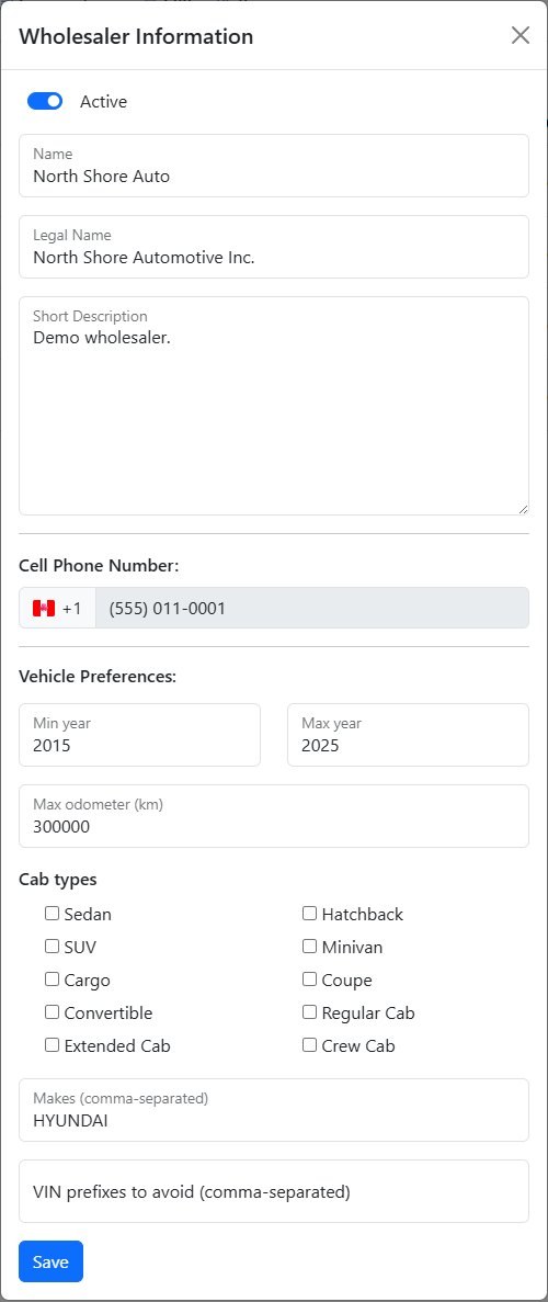 The wholesaler edit form in Vehicle Fair Trade showing the vehicle preference fields