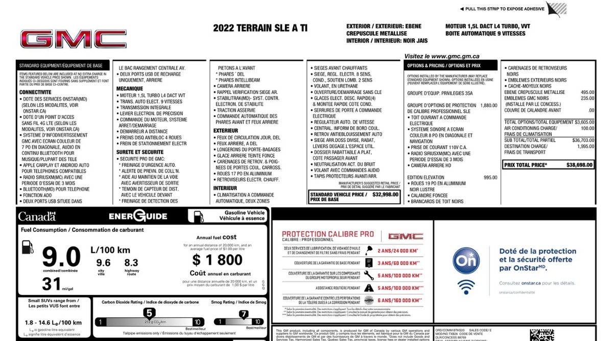 An OEM window sticker showing a vehicle's factory options and original MSRP