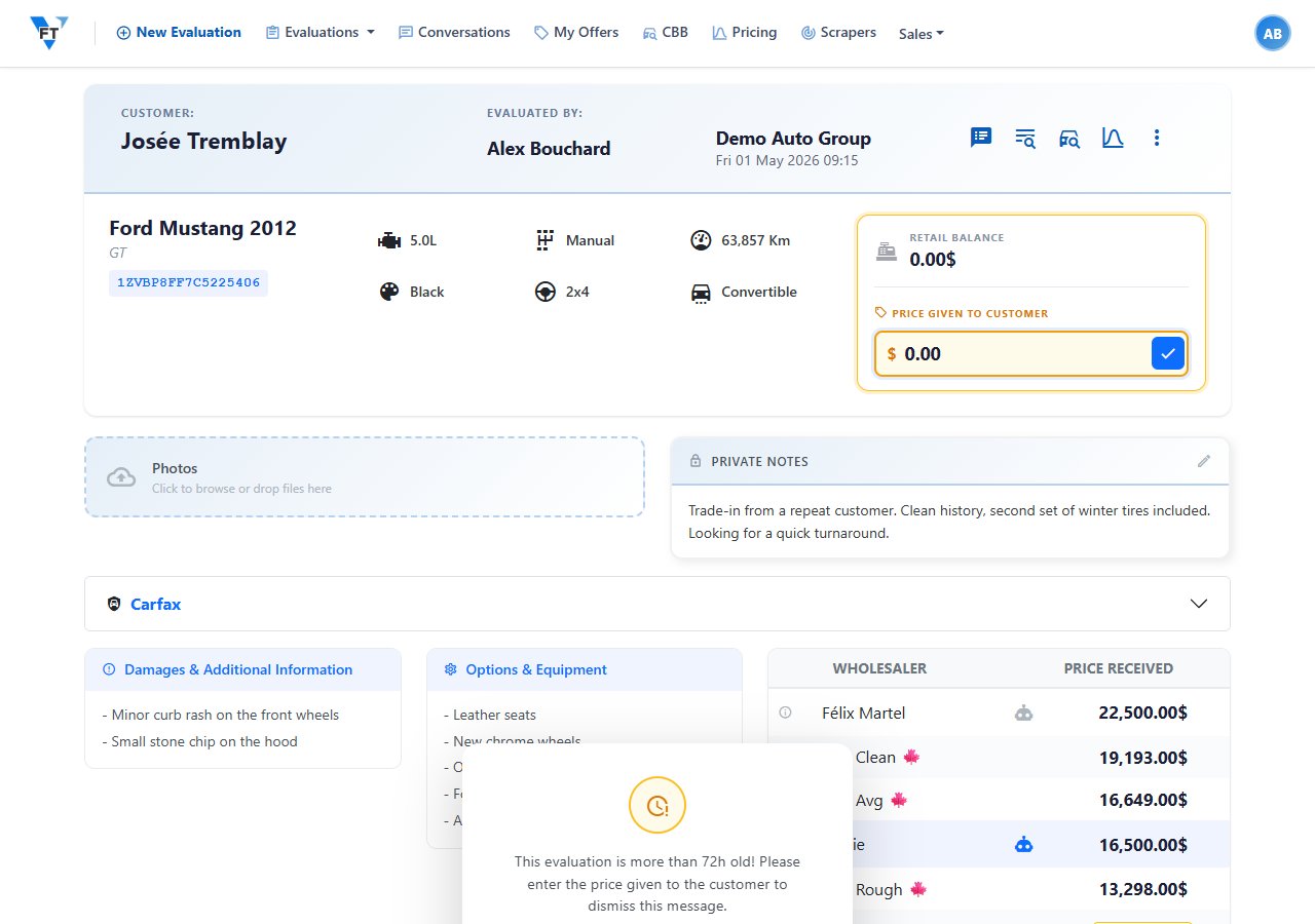 Extracted bids shown on an evaluation, awaiting review