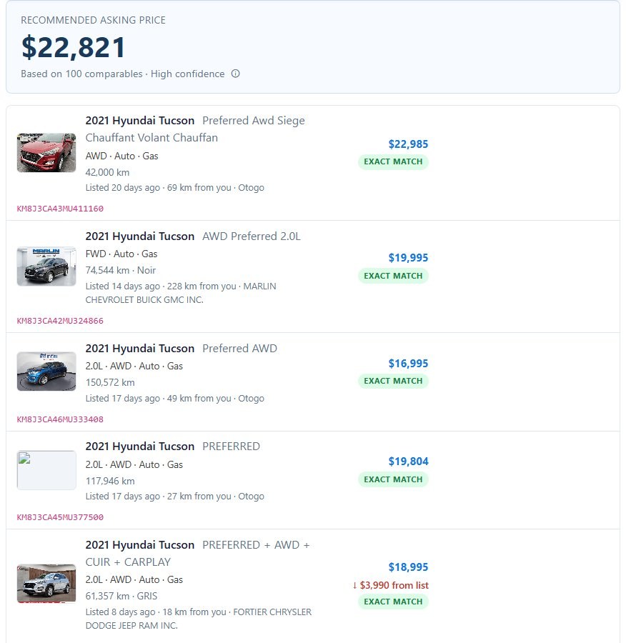 Comparable listings shown alongside a vehicle evaluation