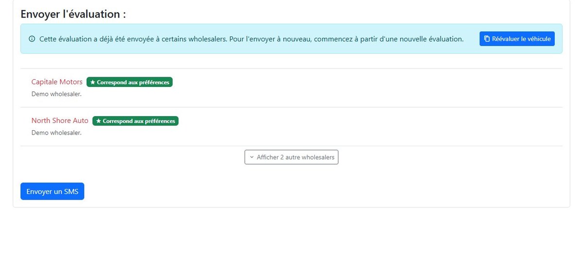 La liste d'envoi aux Wholesalers dans Vehicle Fair Trade avec l'action Envoyer un SMS mise en évidence