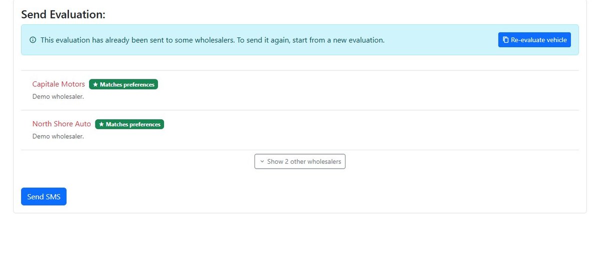An evaluation being sent by SMS to a list of wholesalers