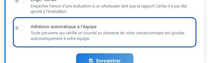 L'interrupteur d'adhésion automatique à l'équipe dans les réglages du commerce de Vehicle Fair Trade