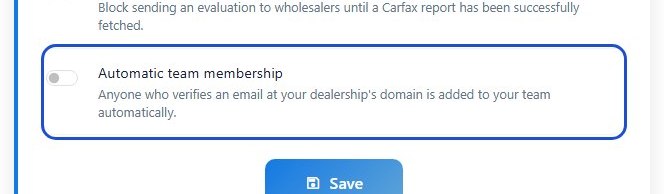 The Automatic team membership toggle in the Vehicle Fair Trade dealership settings