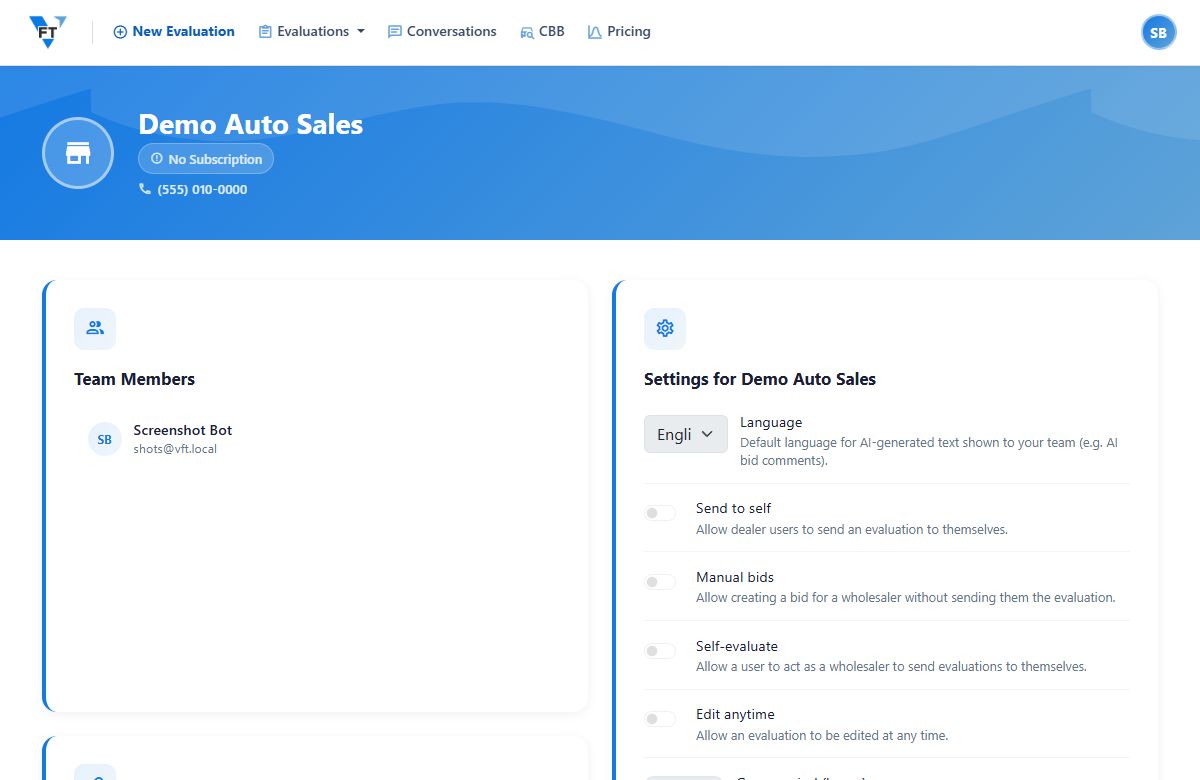 The dealership settings screen in Vehicle Fair Trade