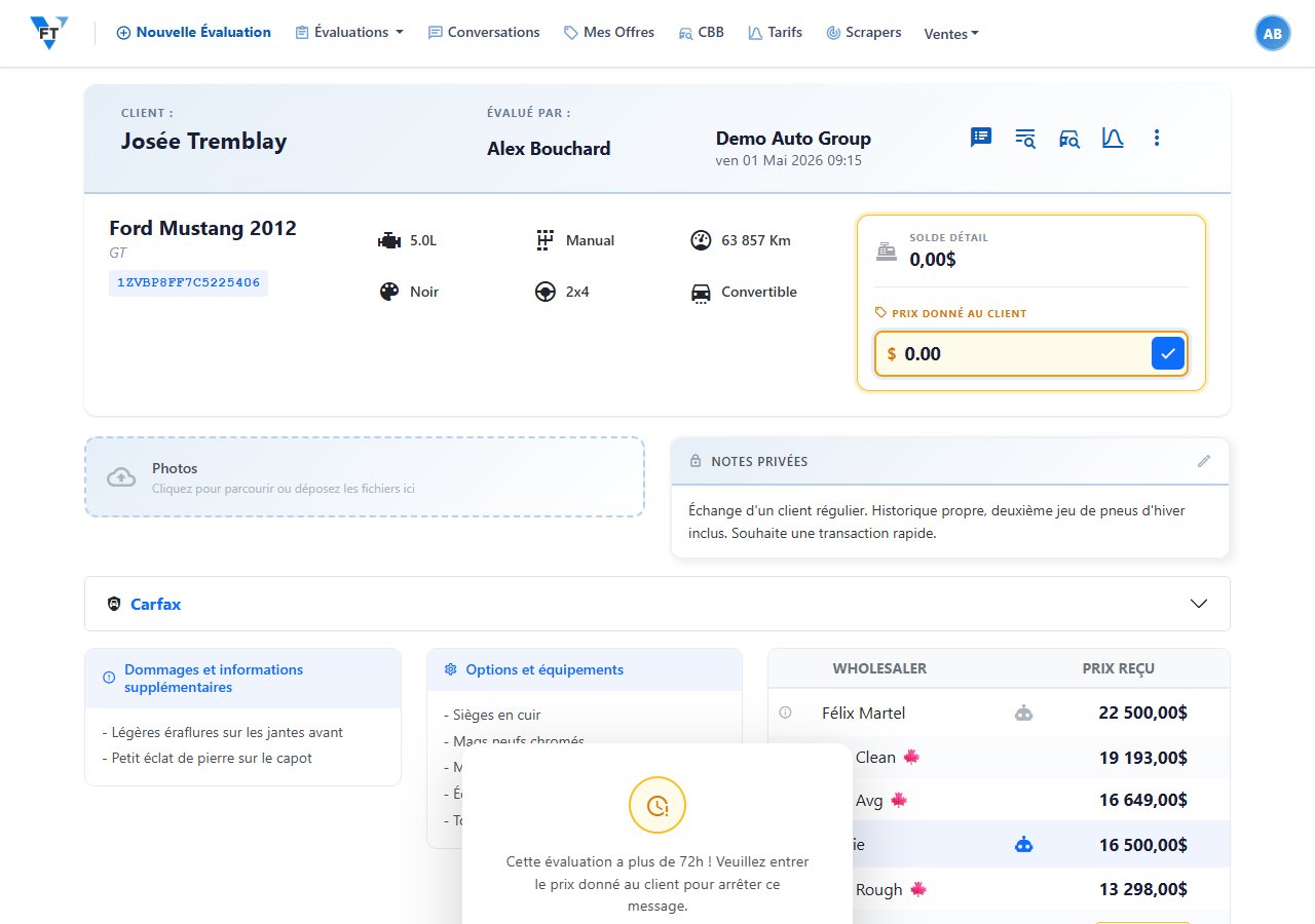 Une évaluation de véhicule dans VFT montrant détails, valeur, photos et offres